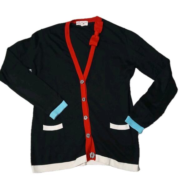 Maison Common Wool Silk Cashmere Cardigan 44 Black Red Trim Stripe Heart Buttons - Picture 1 of 9